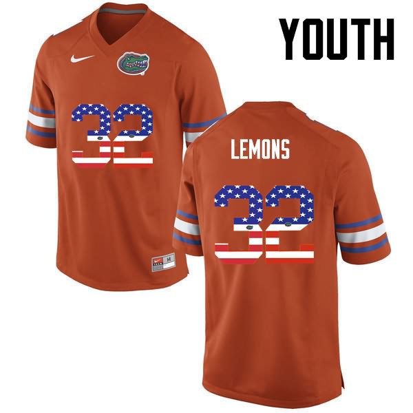 Youth NCAA Florida Gators Adarius Lemons #32 Stitched Authentic USA Flag Fashion Nike Orange College Football Jersey PXF1265YD